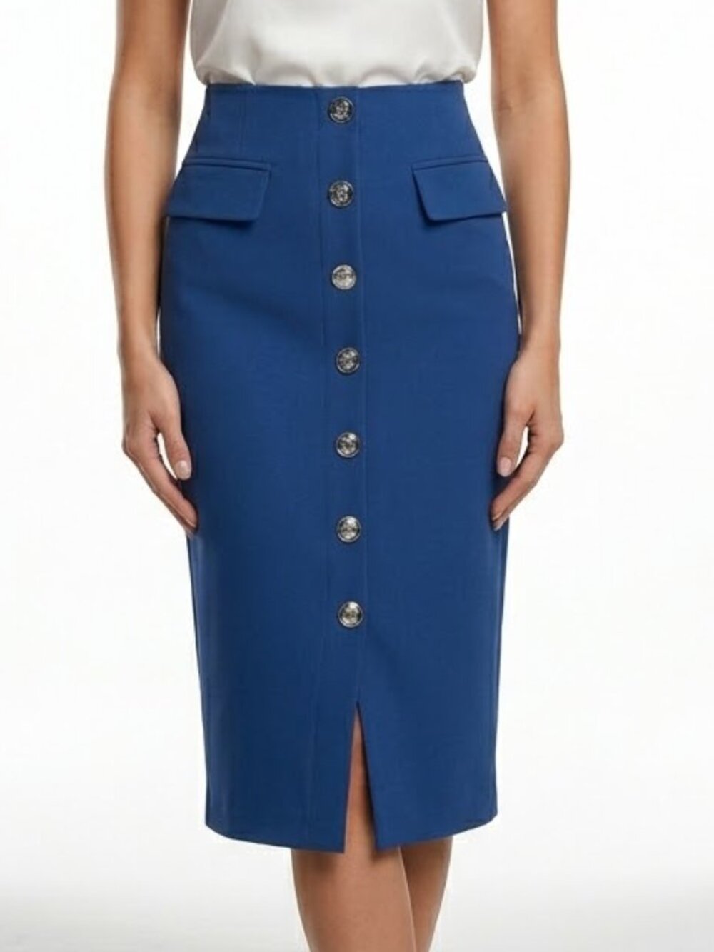 NYCC Dark Academia Navy Button Front Midi Pencil Skirt Pockets Medium